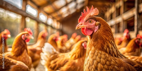 Close-up of brown hen standing in chicken coop among other chickens in the background, Brown hen, chicken, coop