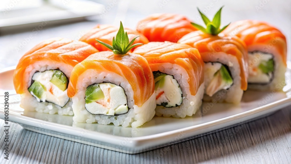 Philadelphia roll sushi with salmon, prawn, and cream cheese on a white plate , Japanese, food, sushi, Philadelphia roll Philadelphia roll sushi with salmon, prawn, and cream cheese on a white plate , Japanese, food, sushi, Philadelphia roll