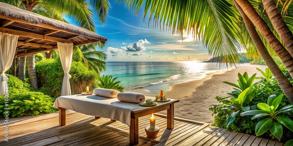Fototapeta premium Indulge in a relaxing spa treatment on a tropical beach, where calm waves and vibrant greenery create a