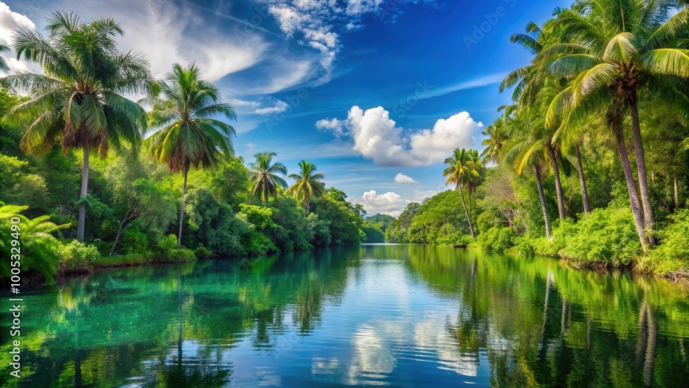 Obraz premium Vibrant tropical forest with tall trees, tranquil river, bright blue sky creating a peaceful and refreshing atmosphere