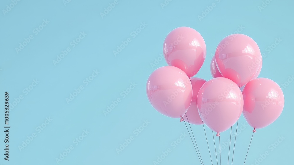 3D render of pink balloons drifting on a pastel blue backdrop, creating a light and dreamy atmosphere 3D render of pink balloons drifting on a pastel blue backdrop, creating a light and dreamy atmosphere