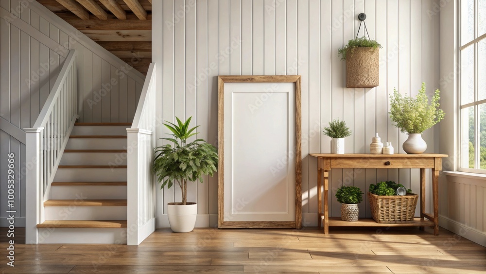 Blank mockup frame on farmhouse hallway interior background, mockup, frame, farmhouse, hallway, interior, background, render Blank mockup frame on farmhouse hallway interior background, mockup, frame, farmhouse, hallway, interior, background, render