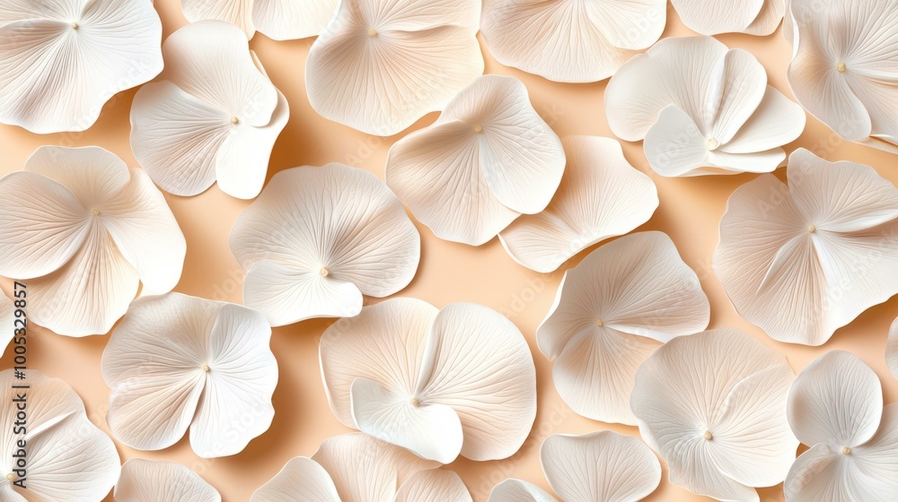 White rose petals scattered on a soft peach background. White rose petals scattered on a soft peach background.