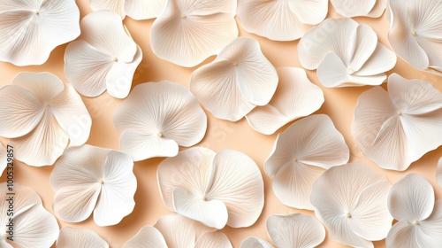 White rose petals scattered on a soft peach background.