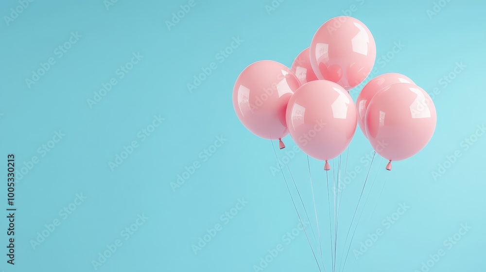 3D render of pink balloons suspended in mid-air with a pastel blue background, creating a light and dreamy ambiance 3D render of pink balloons suspended in mid-air with a pastel blue background, creating a light and dreamy ambiance