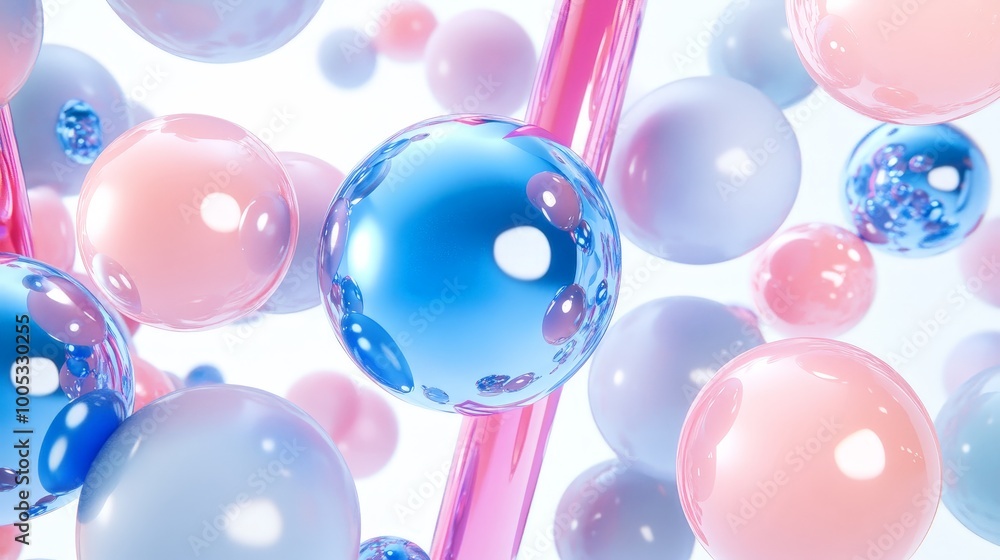 3D render of realistic flying shapes, featuring metallic blue and pink spheres, torus, tubes, and cones, set against a clean white backdrop