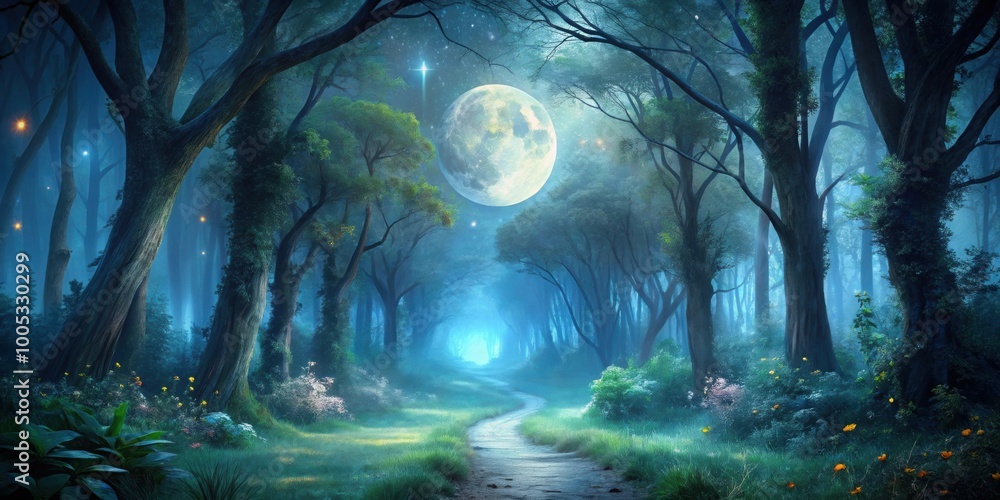 Fototapeta premium Enchanted moonlit path in the mystical forest, moonlight, pathway, trees, enchanted, fantasy, ethereal, glowing, magical