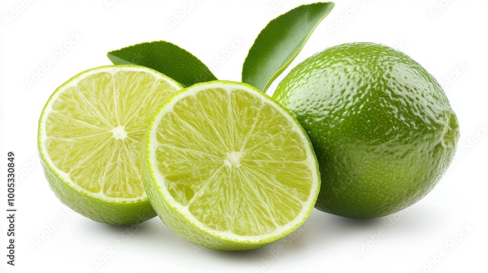 Whole and Half Cut Lime Isolated on White Generative AI Whole and Half Cut Lime Isolated on White Generative AI