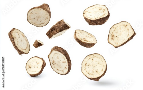 Sliced taro root pieces suspended in air Generative AI