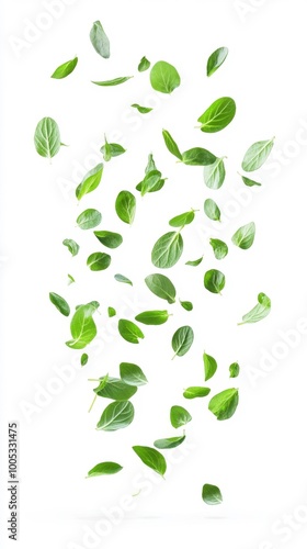 Fresh spinach leaves floating on white background Generative AI