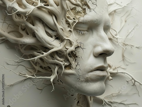 Abstract Surrealism: Human Face Emerging from Roots