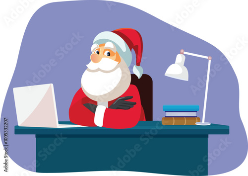 Santa Claus Behind a Desk in his Office Vector Cartoon. Corporate Santa working had during the holidays 
