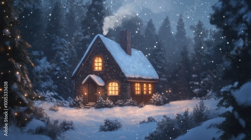 Winter cabin nestled in snowy woods, chimney smoke, warm lights in windows, serene scene