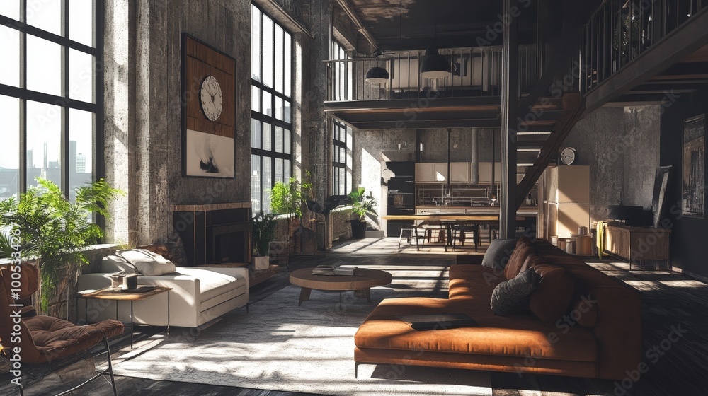 A 3D render of a loft living room with an industrial design, showcasing raw textures, open spaces, and a combination of vintage and modern elements A 3D render of a loft living room with an industrial design, showcasing raw textures, open spaces, and a combination of vintage and modern elements