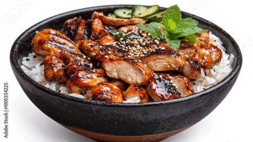 Delicious grilled chicken served over fluffy white rice, garnished with fresh herbs and sesame seeds in a modern bowl.