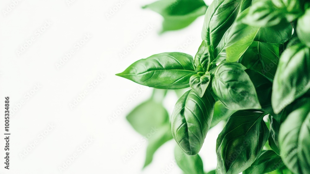 A basil plant with lush green leaves on a white background, perfect for adding a touch of nature to culinary and botanical designs A basil plant with lush green leaves on a white background, perfect for adding a touch of nature to culinary and botanical designs