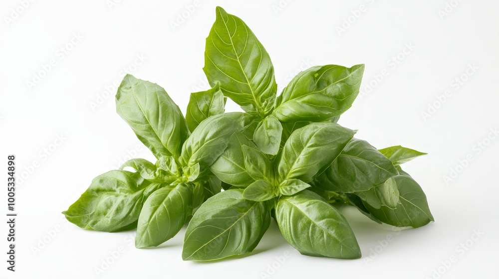 A basil plant with vibrant green foliage displayed on a plain white background, highlighting the freshness and detail of the leaves A basil plant with vibrant green foliage displayed on a plain white background, highlighting the freshness and detail of the leaves
