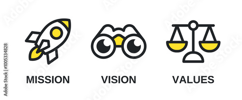 Mission. Vision. Values. Web page template. Modern flat design concept. Purpose business concept. Mission symbol illustration. Success and growth concepts. Business vision presentation