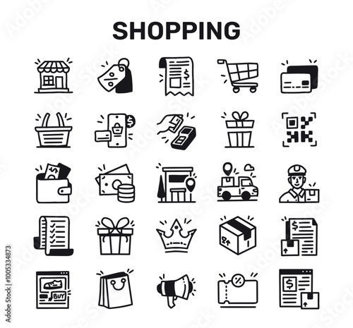 Shopping Related Hand Drawn Vector Doodle Icon Set