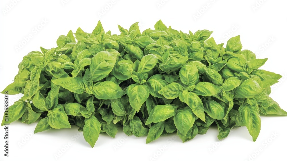 A basil plant with vibrant green leaves displayed on a white background, showcasing the freshness and detail of the herb A basil plant with vibrant green leaves displayed on a white background, showcasing the freshness and detail of the herb