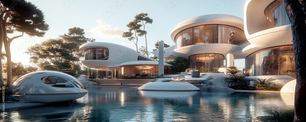 Modern futuristic architecture of a luxury unique home in a landscaped ...