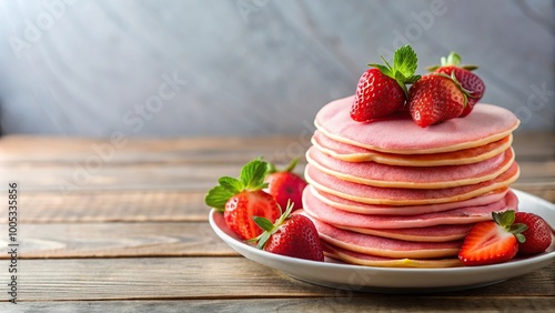 Pink pancakes with strawberries stacked on a plate