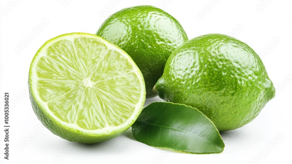 Fresh Whole Limes and a Halved Lime on White Background Generative AI Fresh Whole Limes and a Halved Lime on White Background Generative AI