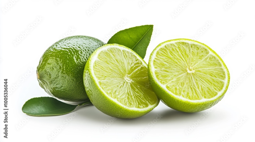 Fresh lime with leaves on a white background Generative AI Fresh lime with leaves on a white background Generative AI