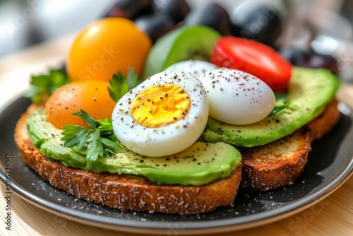 A simple, balanced breakfast for diet control, featuring avocado toast, a boiled egg, and a small serving of fruit, arranged with portion precision.