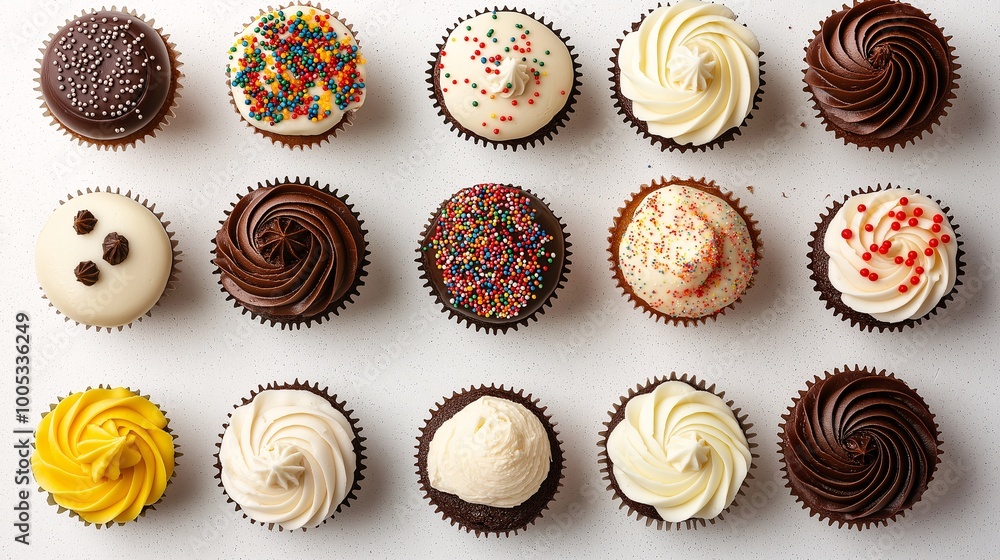 Colorful Cupcakes Arranged on White Background Colorful Cupcakes Arranged on White Background