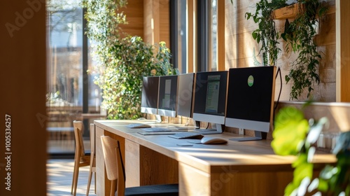 A beautifully crafted wooden coworking office featuring a row of PC monitors. The panoramic window allows for an abundance of natural light