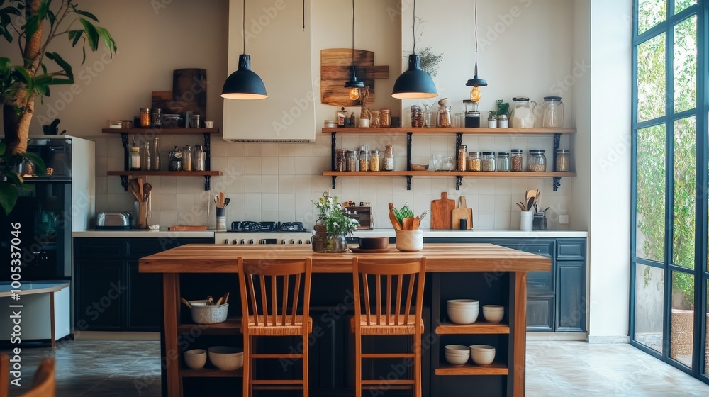 A beautifully designed kitchen interior featuring a functional bar counter and comfortable chairs. A beautifully designed kitchen interior featuring a functional bar counter and comfortable chairs.