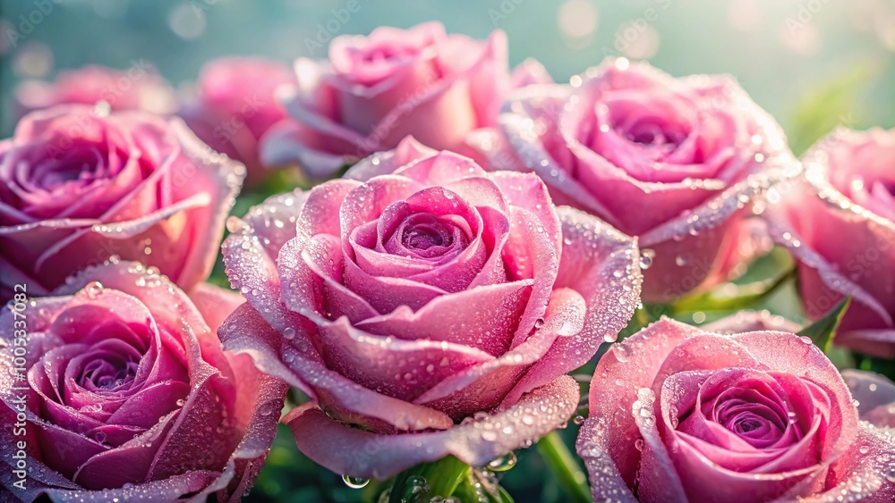 Pink roses wrapped in morning dew and fog with a shallow depth of field Pink roses wrapped in morning dew and fog with a shallow depth of field