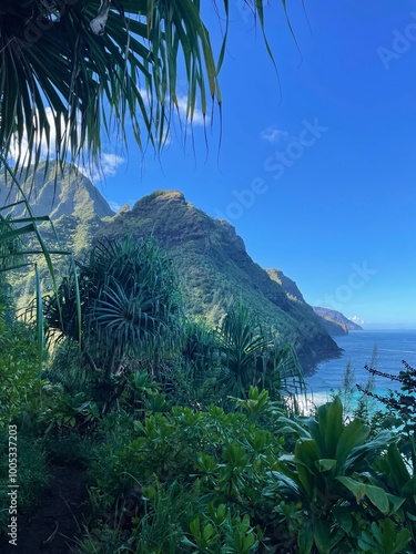 Lush Kauai Mountains on Sunny Day with the Ocean Waves