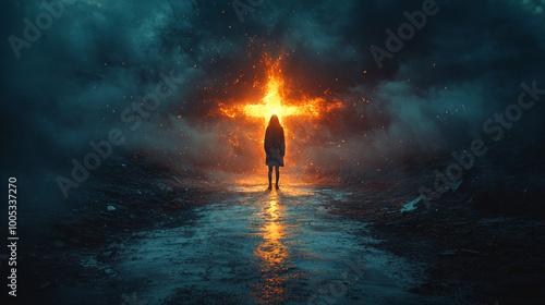 silhouette woman standing in front of fiery cross in a dark forest