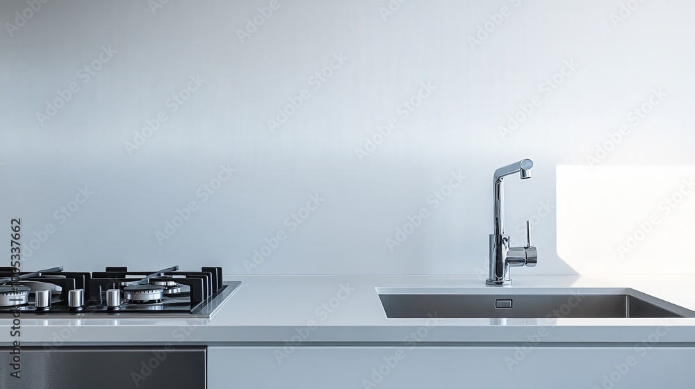 A beautifully designed minimalist kitchen showcases a clean washbasin and efficient gas stove, with ample empty space that enhances the overall simplicity and sophistication of the area A beautifully designed minimalist kitchen showcases a clean washbasin and efficient gas stove, with ample empty space that enhances the overall simplicity and sophistication of the area