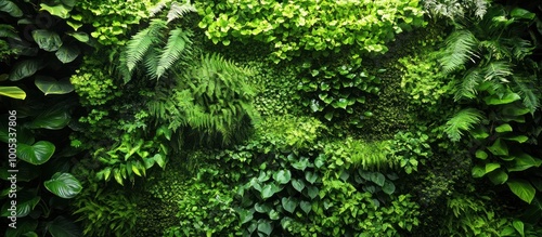 Lush green vertical garden wall with different types of plants and leaves.
