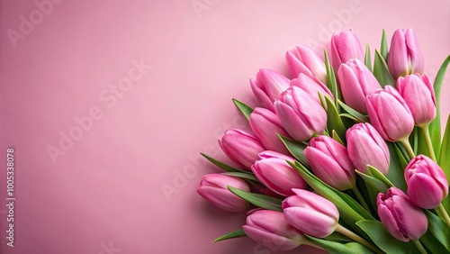 Pink tulips bouquet on pink background with copy space, bird eye view