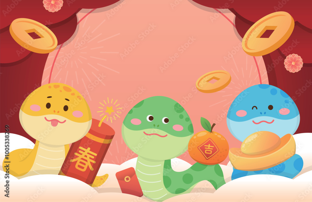 Chinese New Year with many gold coins with cute snake character, rich, for poster or congratulatory card Chinese New Year with many gold coins with cute snake character, rich, for poster or congratulatory card