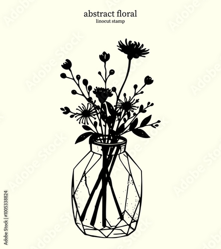 Black and White Abstract Floral 30. Vector linocut silhouettes of variety flowers and leaves in a geometric patterned vase. Bouquet of flowers clustered together at the top of a vase.