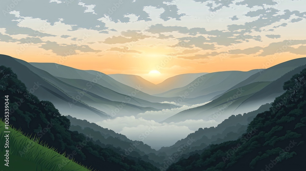 Fototapeta premium Scenic sunrise over a valley with mist and mountains.