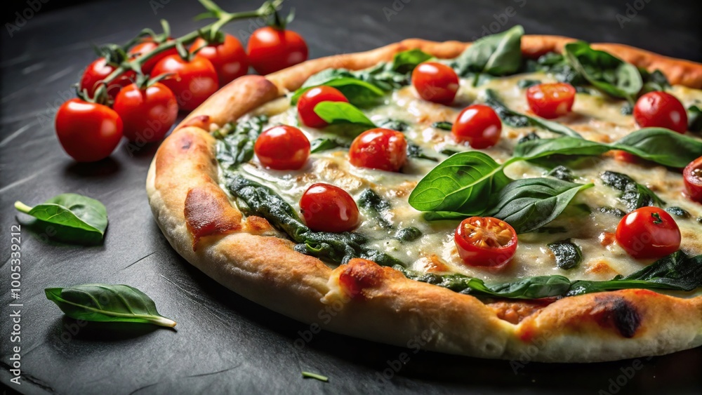 Pizza with spinach, cherry tomatoes, and gorgonzola cheese on a black background macro Pizza with spinach, cherry tomatoes, and gorgonzola cheese on a black background macro
