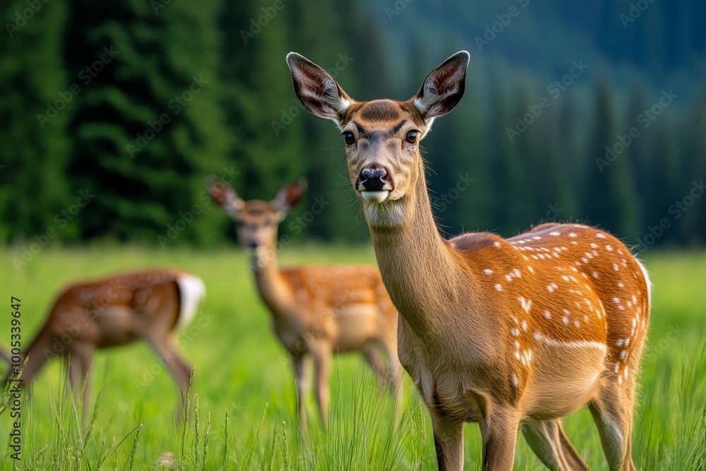 A wildlife scene deep in the wilderness, where deer graze in a clearing surrounded by thick forest, a perfect snapshot of untamed nature. A wildlife scene deep in the wilderness, where deer graze in a clearing surrounded by thick forest, a perfect snapshot of untamed nature.
