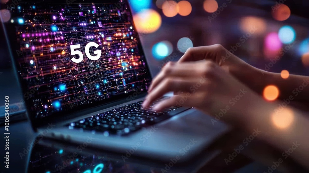5G Technology: Fast Internet on Laptop with Blurred City Lights 5G Technology: Fast Internet on Laptop with Blurred City Lights