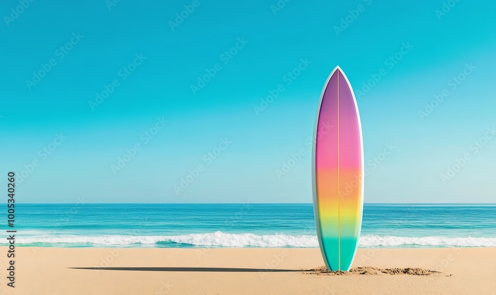 A colorful surfboard stands upright on a sandy beach with a bright blue sky and ocean in the background. A colorful surfboard stands upright on a sandy beach with a bright blue sky and ocean in the background.