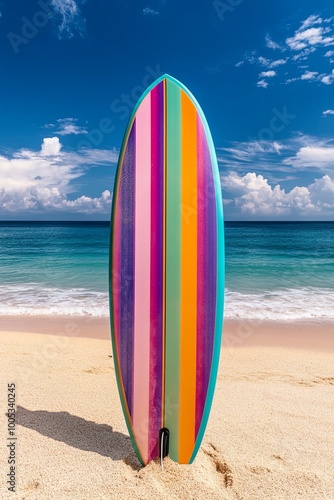 A colorful surfboard standing upright on a sandy beach with a turquoise ocean and blue sky in the background.