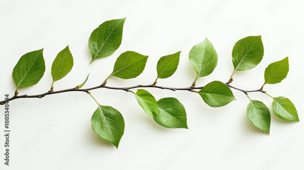 A branch with bright green leaves isolated on a white backdrop, highlighting the natural beauty and intricate details of the leaves A branch with bright green leaves isolated on a white backdrop, highlighting the natural beauty and intricate details of the leaves