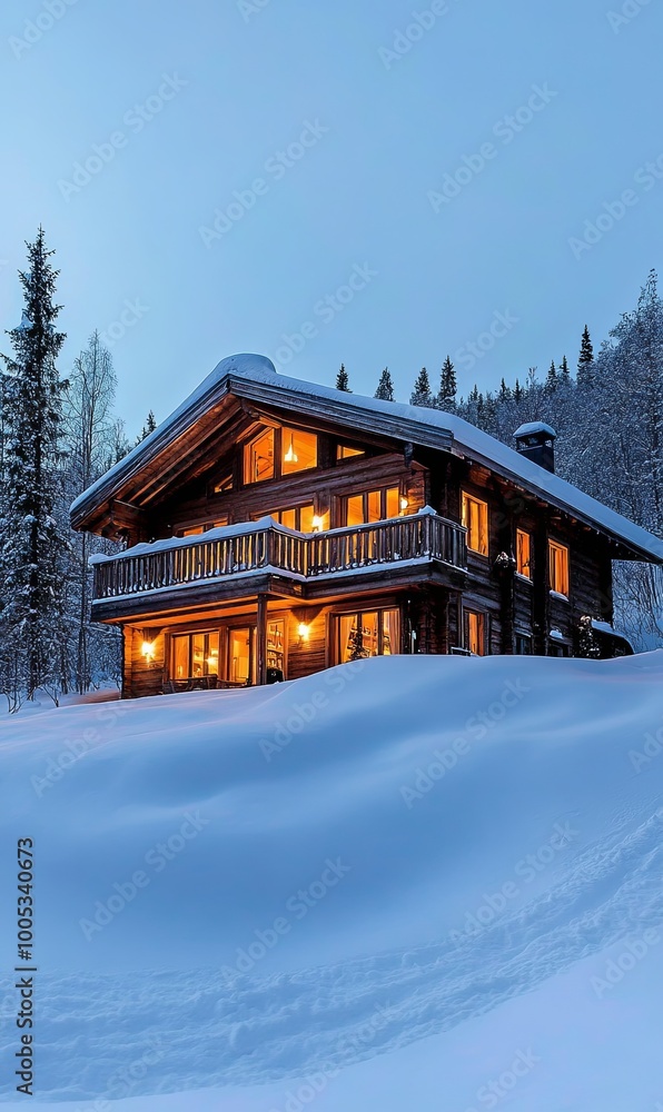A cozy wooden cabin with warm lights glowing in the windows sits on a snowy hillside in the twilight. A cozy wooden cabin with warm lights glowing in the windows sits on a snowy hillside in the twilight.