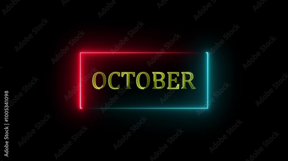 Neon October text icon animation with neon glowing 4k video. rectangle two collar animation and black background . Neon October text icon animation with neon glowing 4k video. rectangle two collar animation and black background .