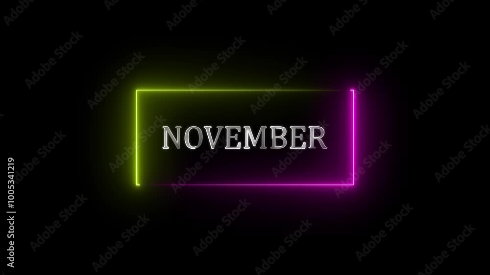 Neon November text icon animation with neon glowing 4k video. rectangle two collar animation and black background . Neon November text icon animation with neon glowing 4k video. rectangle two collar animation and black background .